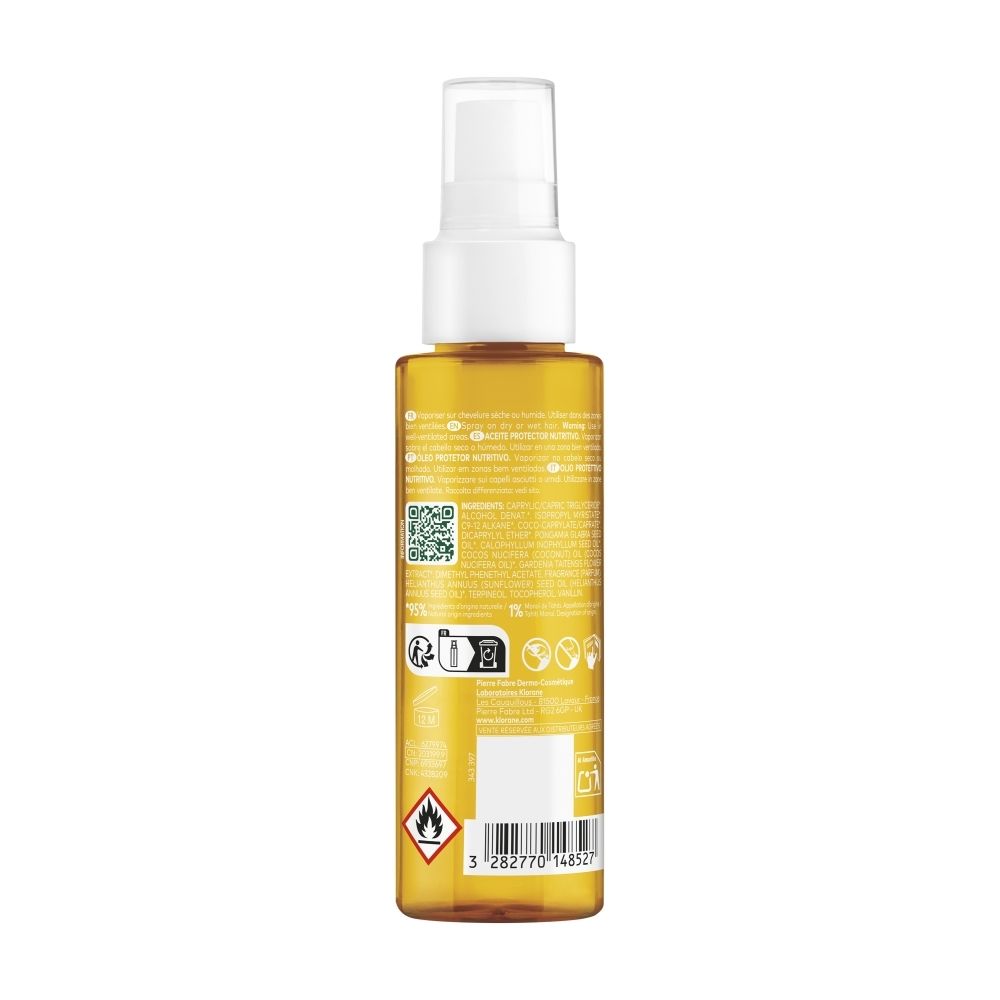 Huile Klorane pour cheveux, verso avec instructions et ingrédients.
