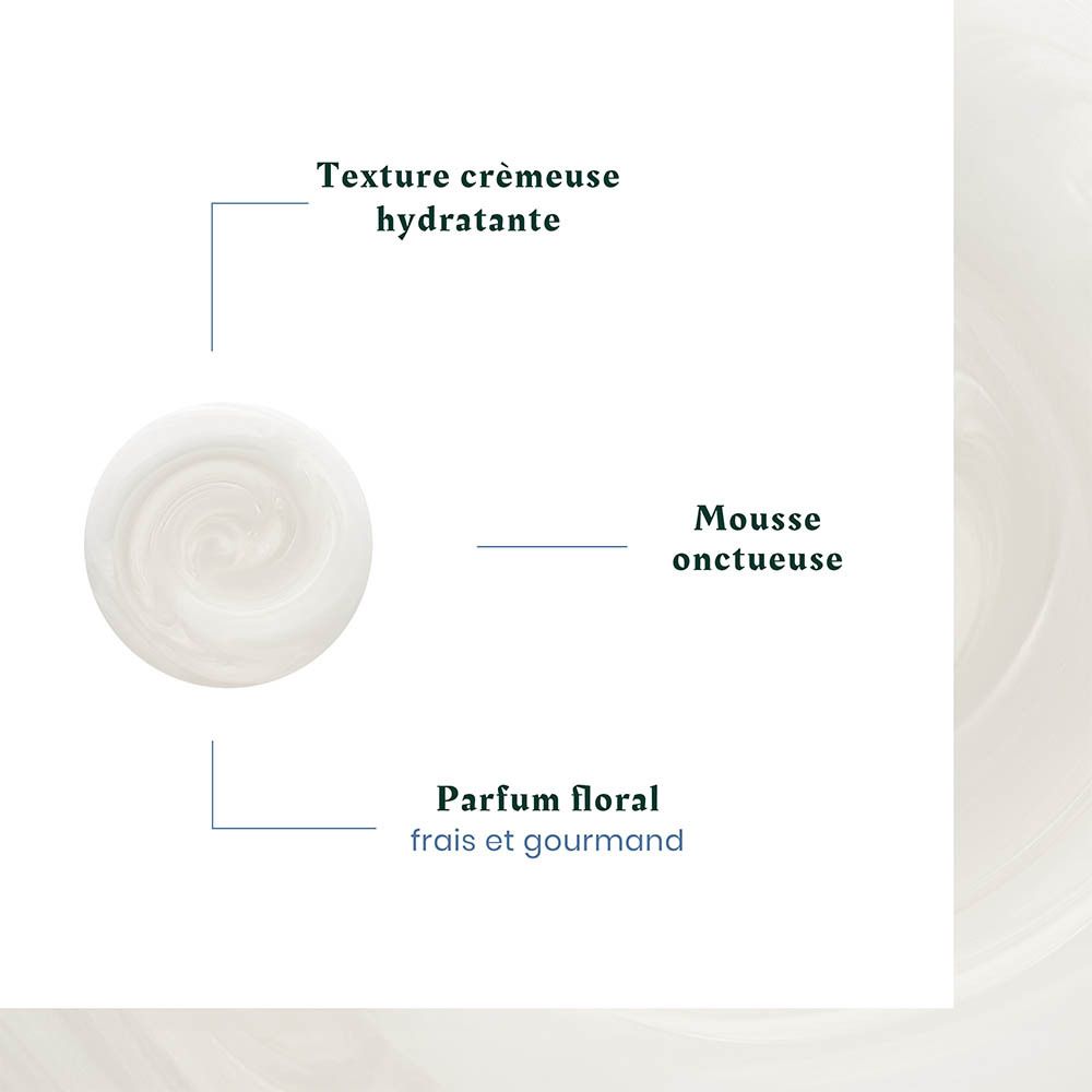 Texture crémeuse hydratante et parfum floral frais et gourmand.