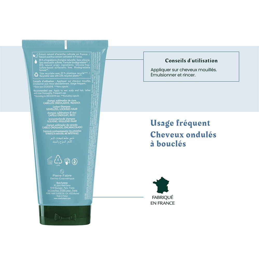 Flacon de produits capillaires, "Usage fréquent Cheveux ondulés à bouclés" et "Fabriqué en France".