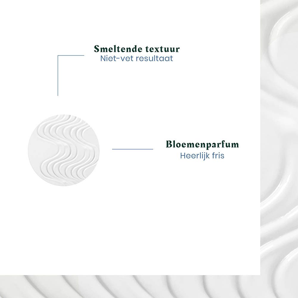 Textuurmonster met 'Smeltende textuur, niet-vet resultaat' en 'Bloemenparfum, heerlijk fris'.