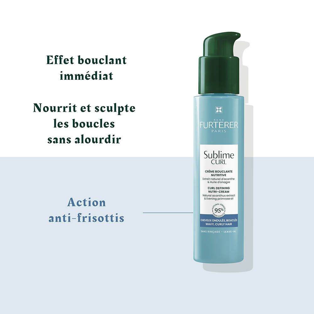 Flacon bleu sarcelle avec pompe, crème 'Sublime Curl', texte sur l'action.