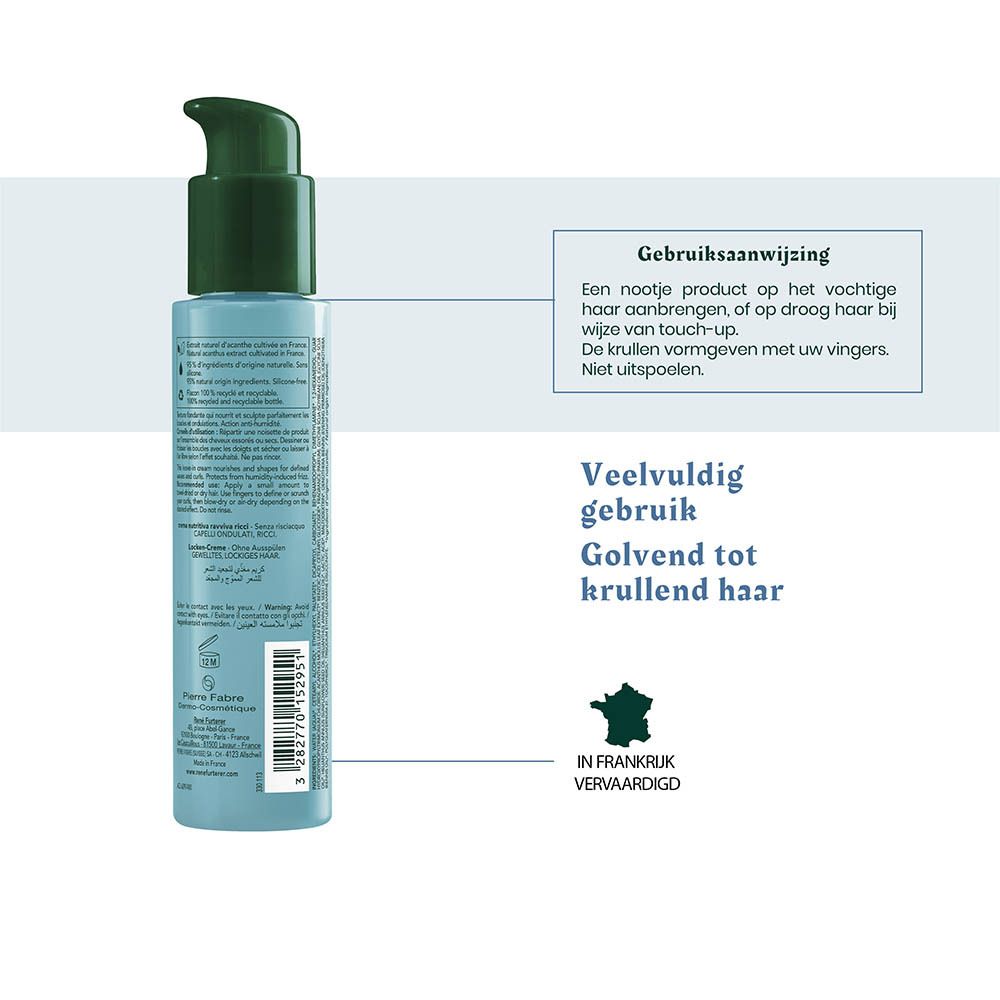 Fles met pompdispenser en gebruiksaanwijzing voor krullend haar.