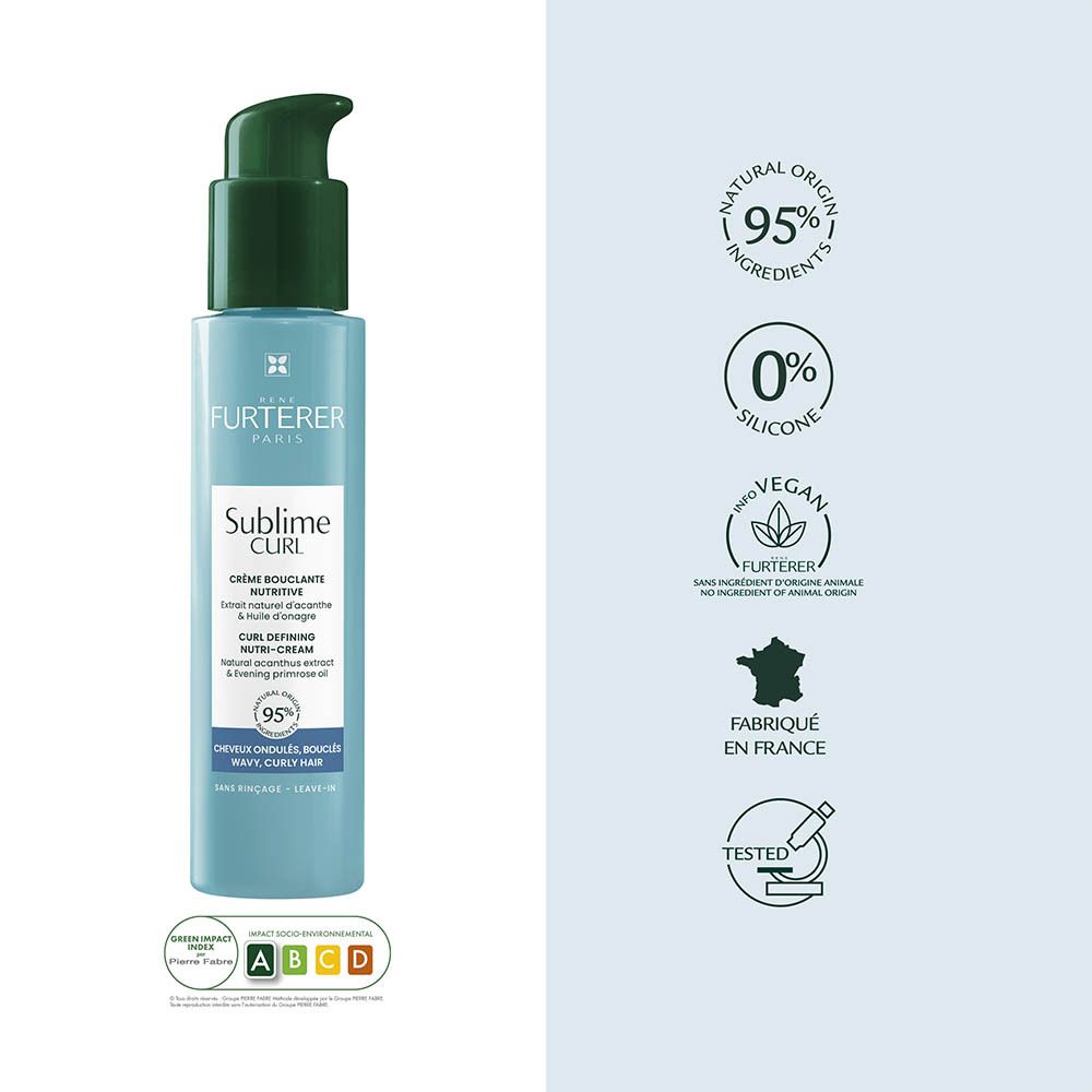 Flacon pompe, Sublime Curl, 95% d'ingrédients naturels, vegan, fabriqué en France.