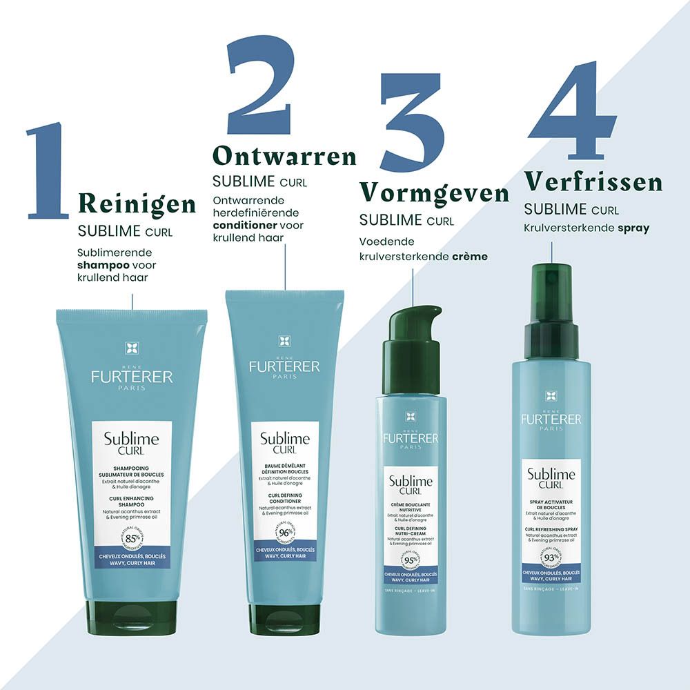 Vier Furterer Sublime Curl producten: Shampoo, Conditioner, Crème en Spray voor krullend haar.