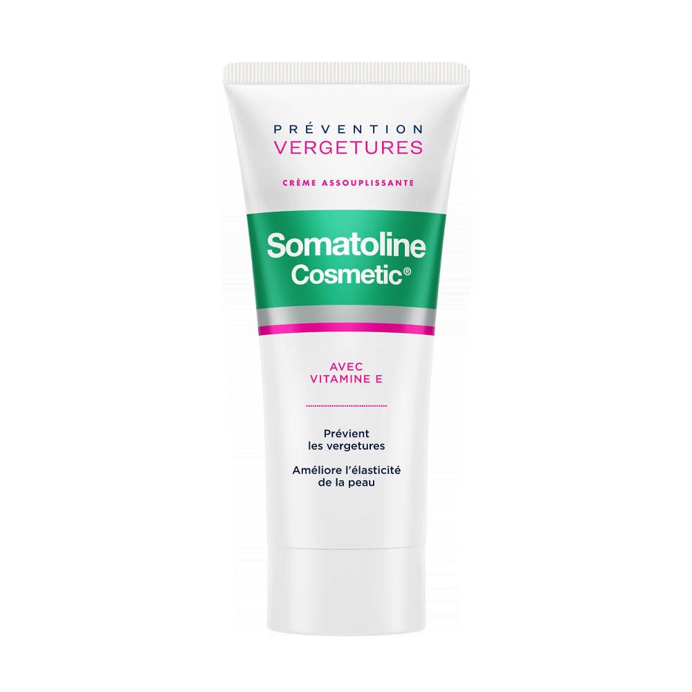 Tube blanc avec bande verte. Inscription: Somatoline Cosmetic, Prévention Vergetures, Crème Assouplissante. Avec vitamine E.