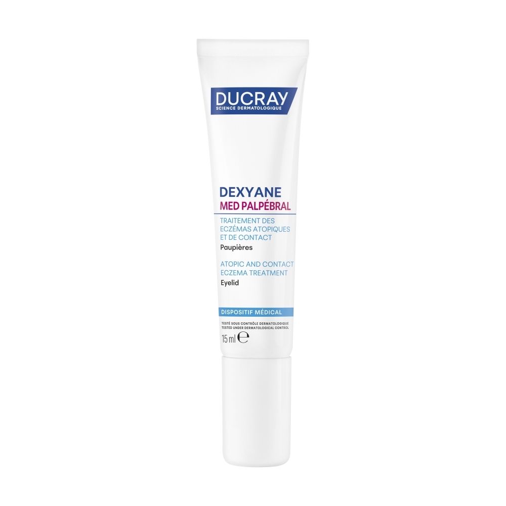 Tube Dexyane MeD Palpébral. Tube blanc, texte bleu. 15 ml.