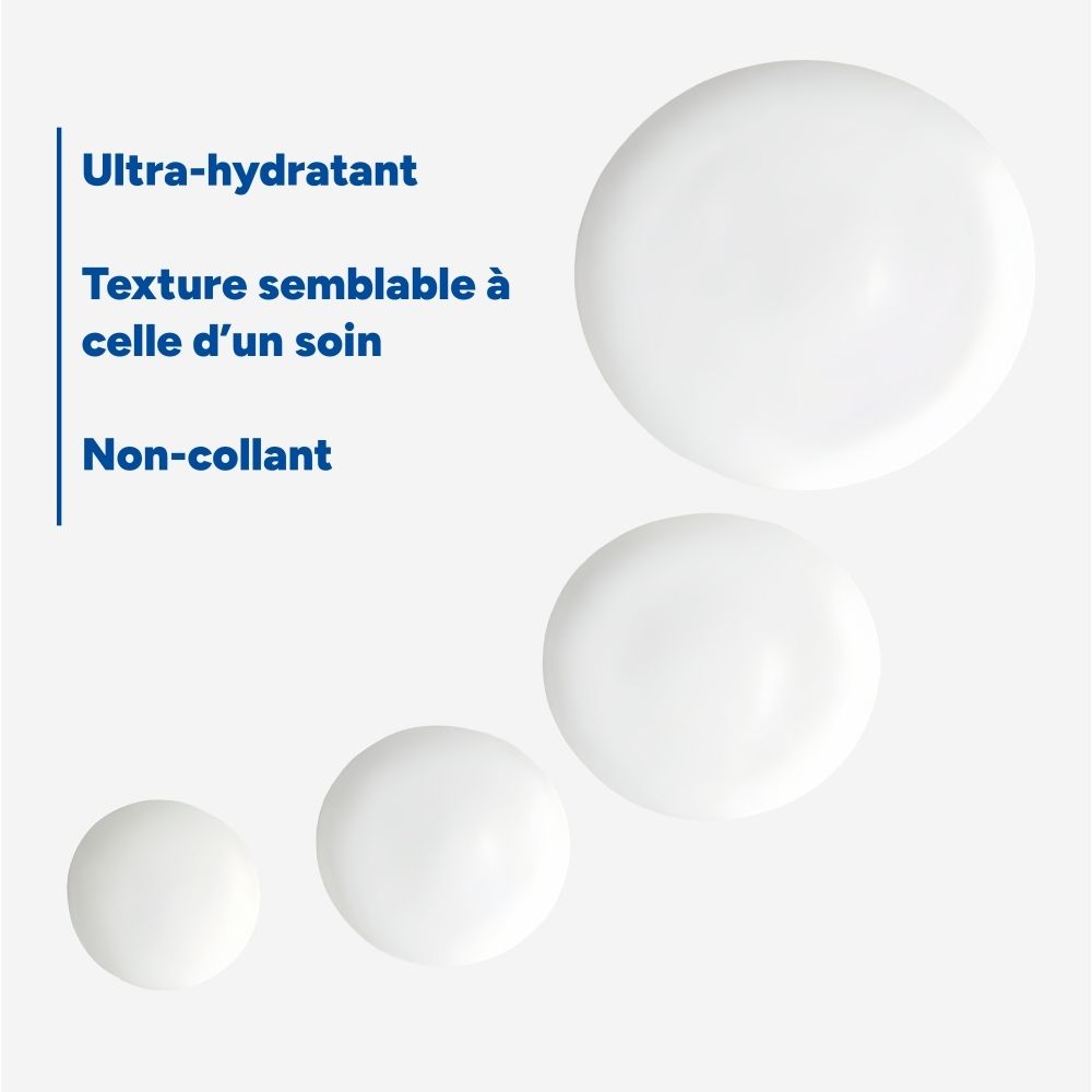 Trois gouttes blanches. Texte: Ultra-hydratant, Texture semblable à celle d'un soin, Non-collant.
