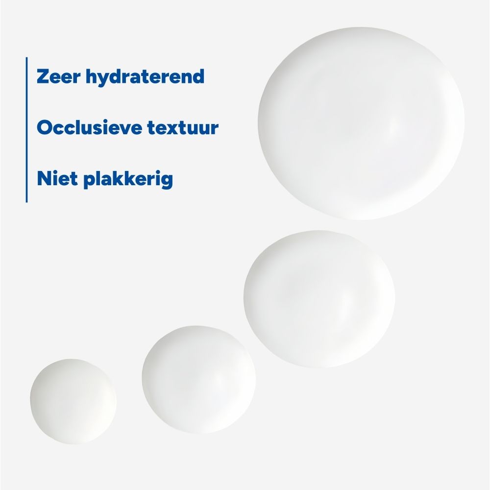 Drie witte druppels. Tekst: Zeer hydraterend, Occlusieve textuur, Niet plakkerig.