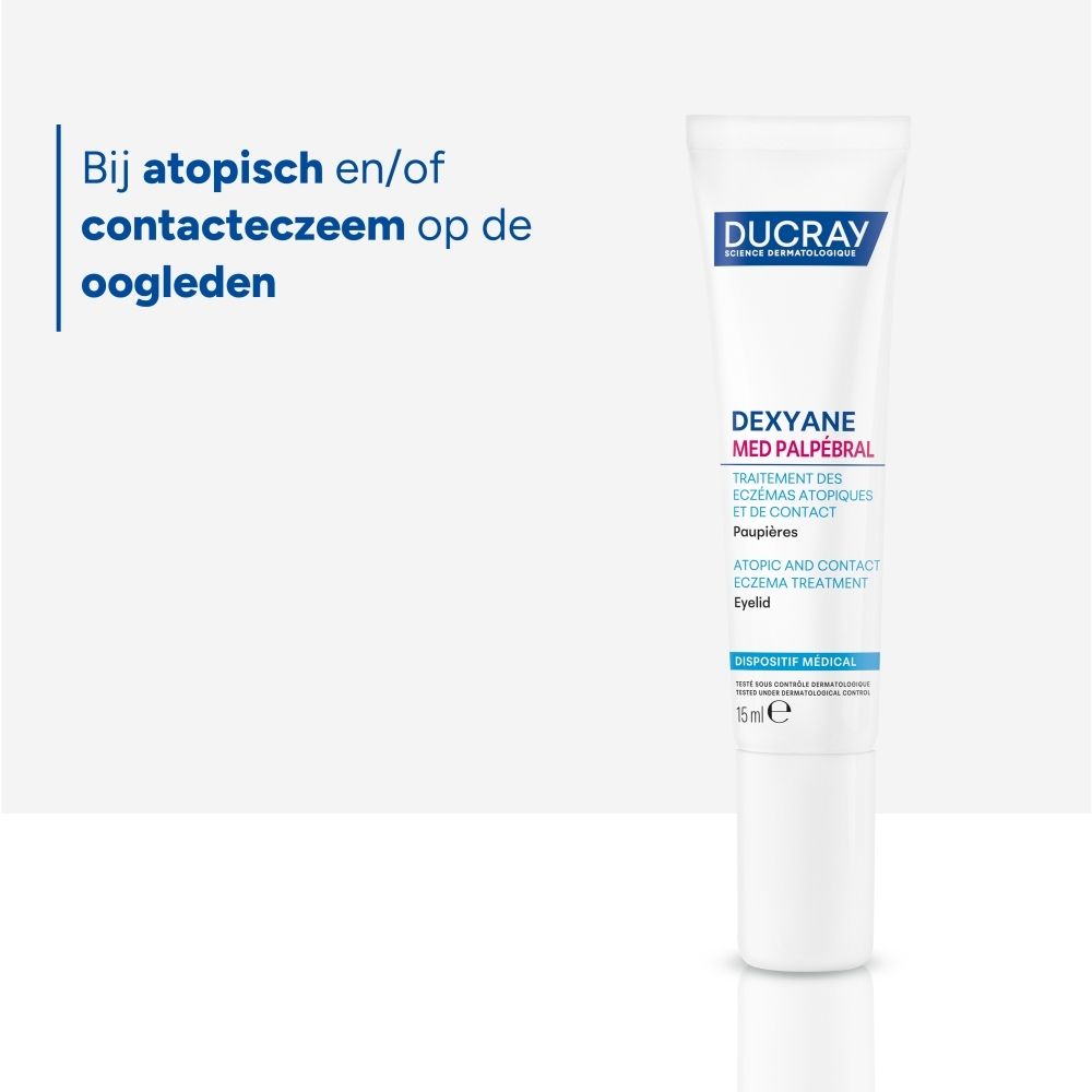 Tube Dexyane MeD Palpébral met tekst: Bij atopisch en/of contacteczeem op de oogleden.