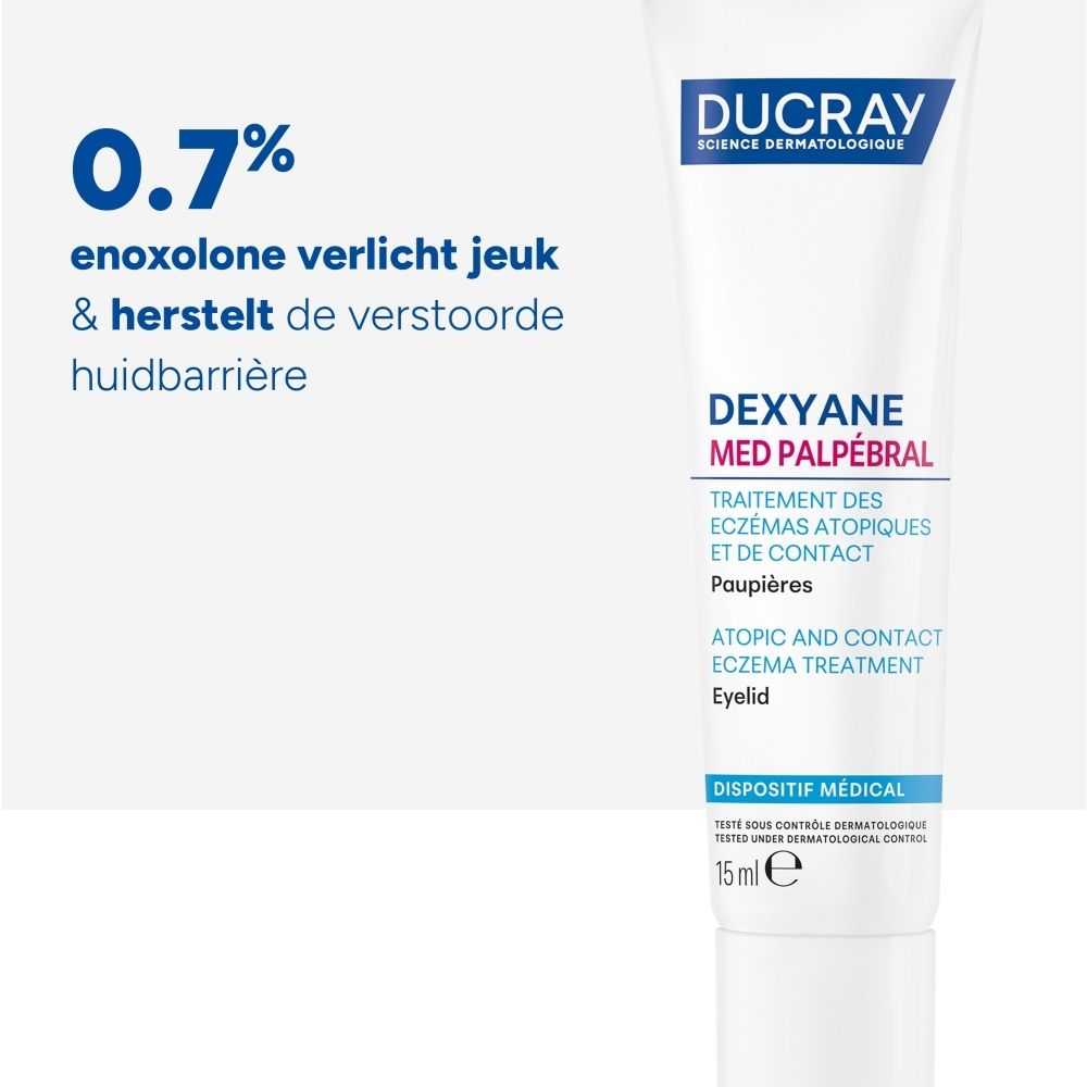 Tube Dexyane MeD Palpébral met tekst: 0.7% enoxolone verlicht jeuk & herstelt de verstoorde huidbarrière.