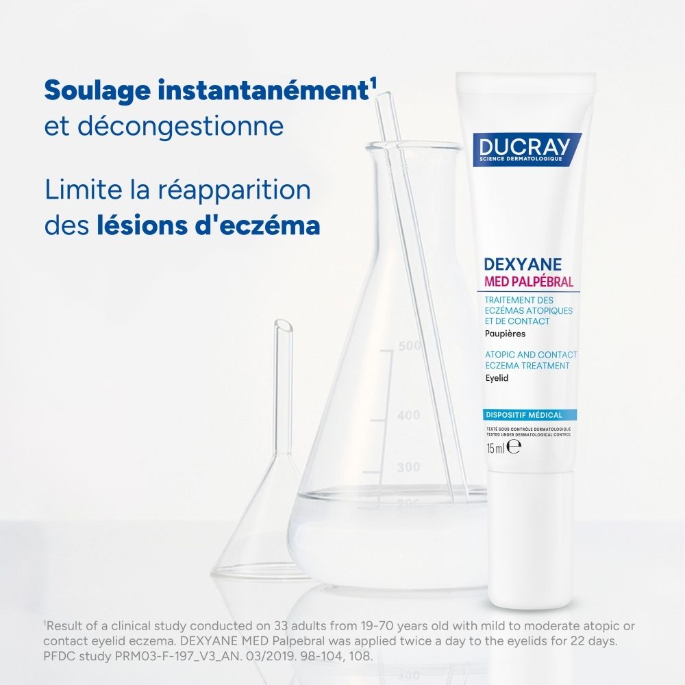 Tube Dexyane MeD Palpébral avec matériel de laboratoire. Texte: Soulae instantané et décongestionne.