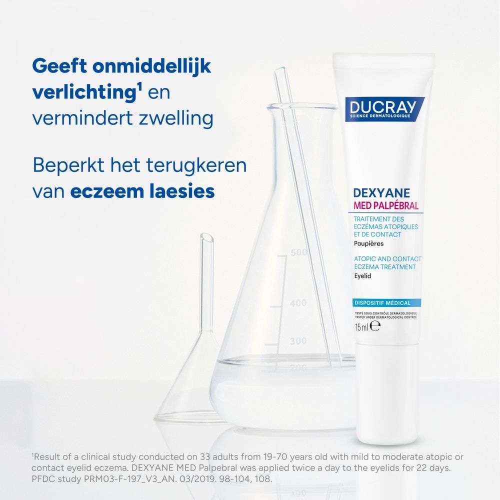 Tube Dexyane MeD Palpébral met laboratoriumapparatuur. Tekst: Geeft onmiddellijk verlichting en vermindert zwelling.