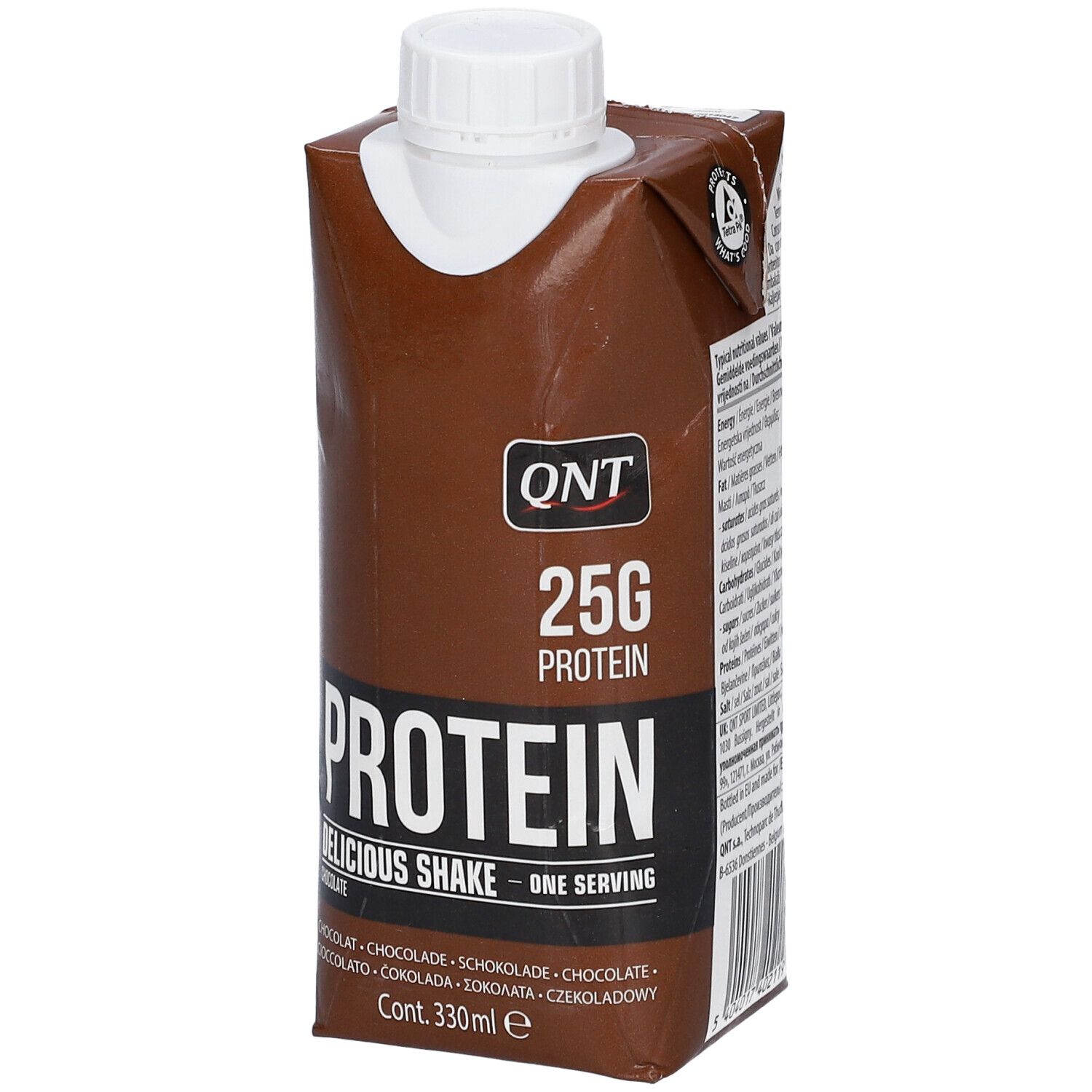 Bruine drankverpakking met witte dop. QNT-logo, 25g eiwit, Protein Delicious Shake. Inhoud: 330ml.