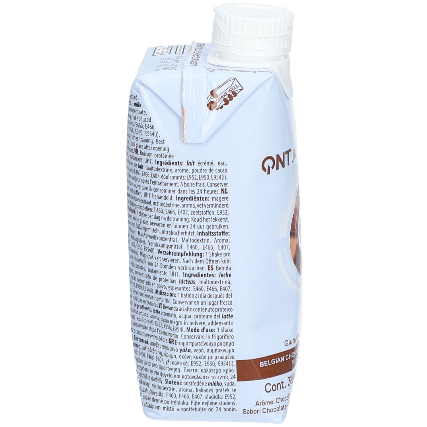 Witte zijkant van de drankverpakking. QNT-logo, ingrediëntenlijst, Belgische chocoladesmaak. Inhoud: 330ml.