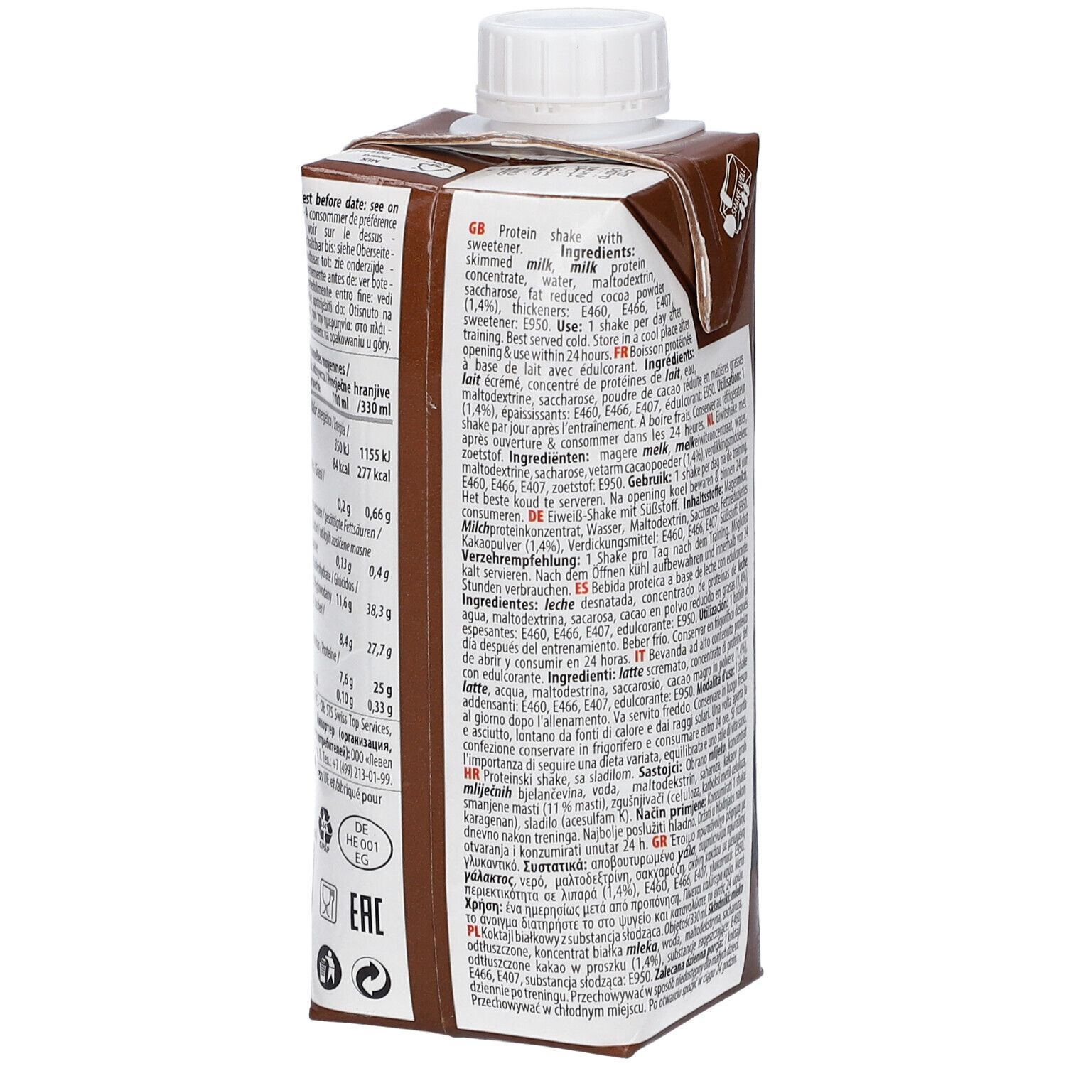 Achterkant van de drankverpakking. Ingrediëntenlijst, voedingswaarde, QNT-logo. Inhoud: 330ml.
