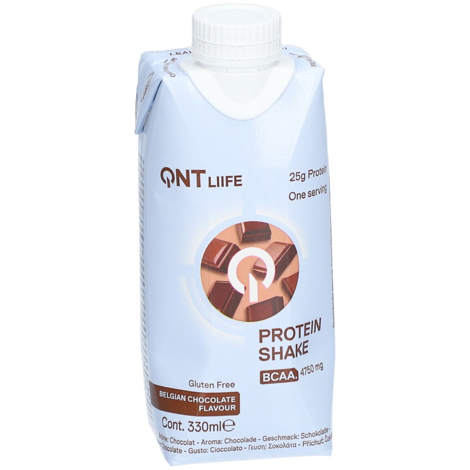Lichtblauwe drankverpakking met witte dop. QNT-logo, 25g eiwit, Protein Shake, Belgische chocoladesmaak.