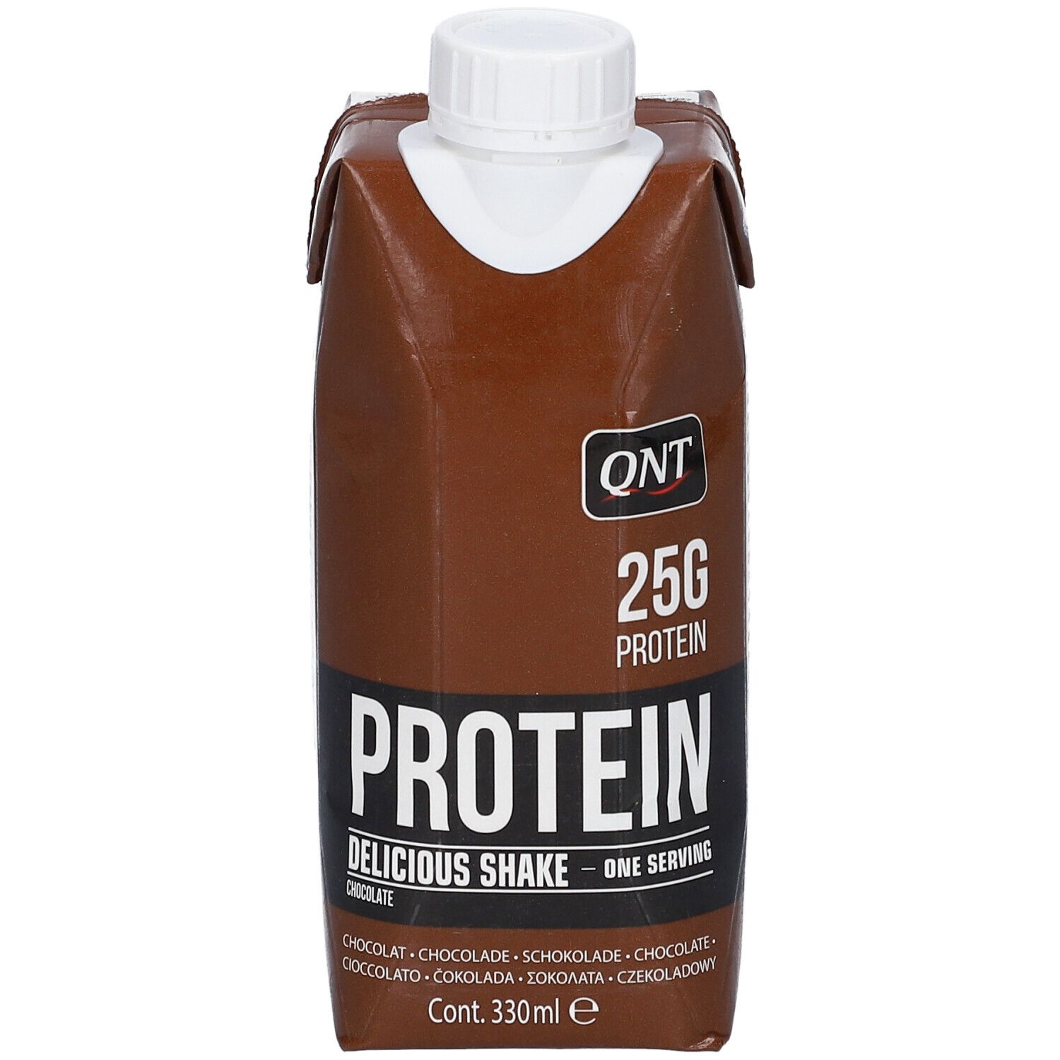 Bruine drankverpakking met witte dop. QNT-logo, 25g eiwit, Protein Delicious Shake, chocoladesmaak. 330ml.