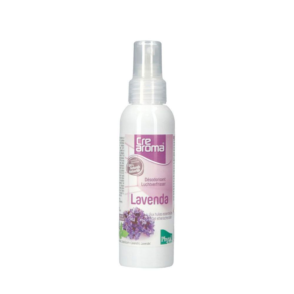 CREAROMA Lavendel luchtverfrisser sprayfles met etiket en lavendelafbeelding.