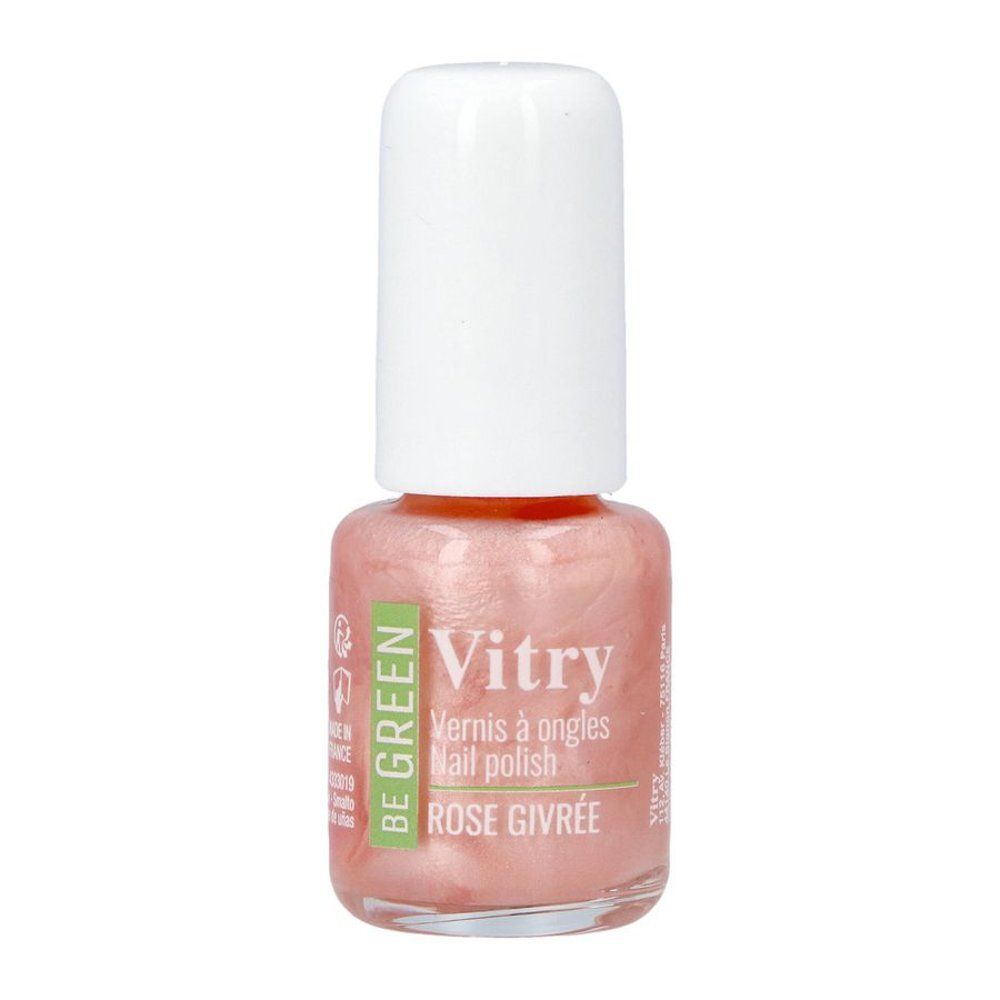 Nagellakflesje met witte dop. Roze nagellak met glitter. Opschrift: Vitry, Be Green, Rose Givre.