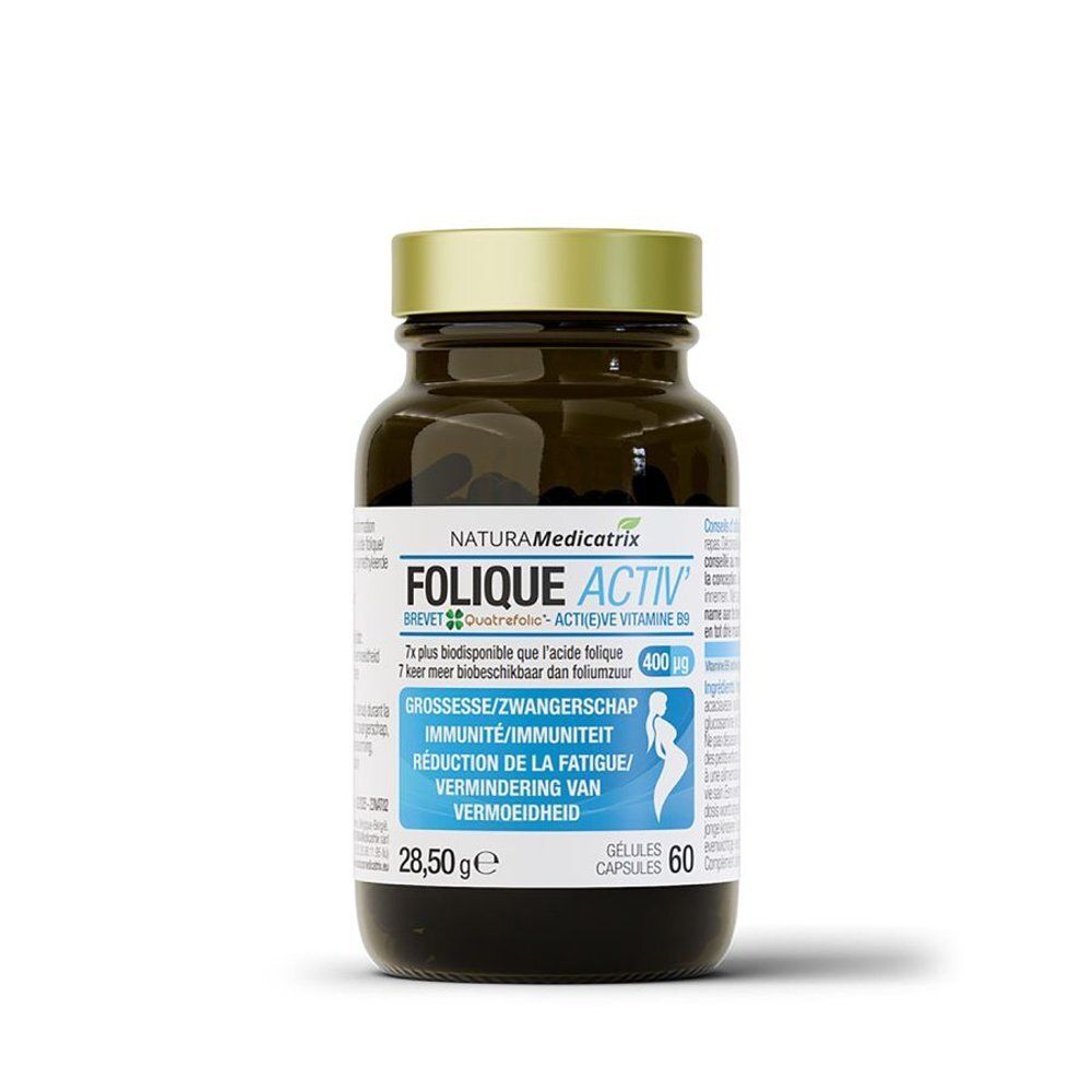 Donkere glazen fles met gouden dop. Opschrift: Folique Activ, 60 capsules, 400 µg. Illustratie van een zwangere vrouw.