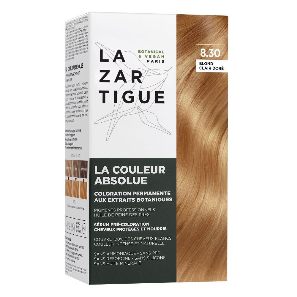 LAZARTIGUE Kleuring 8.30 Lichtgoudblond: verpakking met botanische extracten en Vegan-zegel.