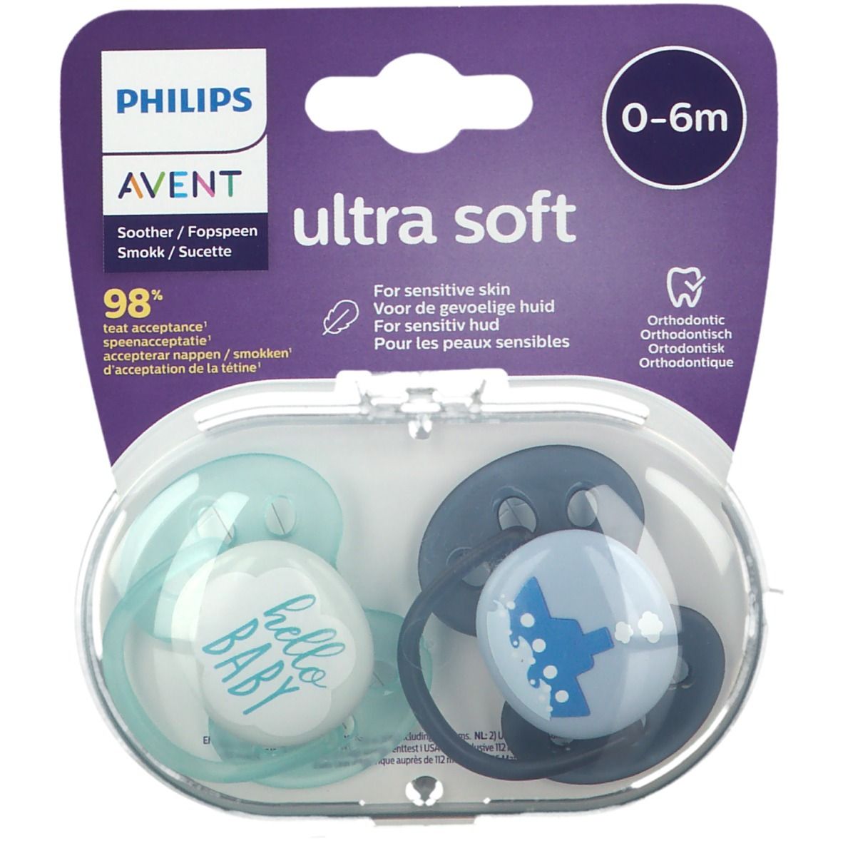 Philips Avent Ultra Soft Sucette Boy 0-6 Moins SCF222/01