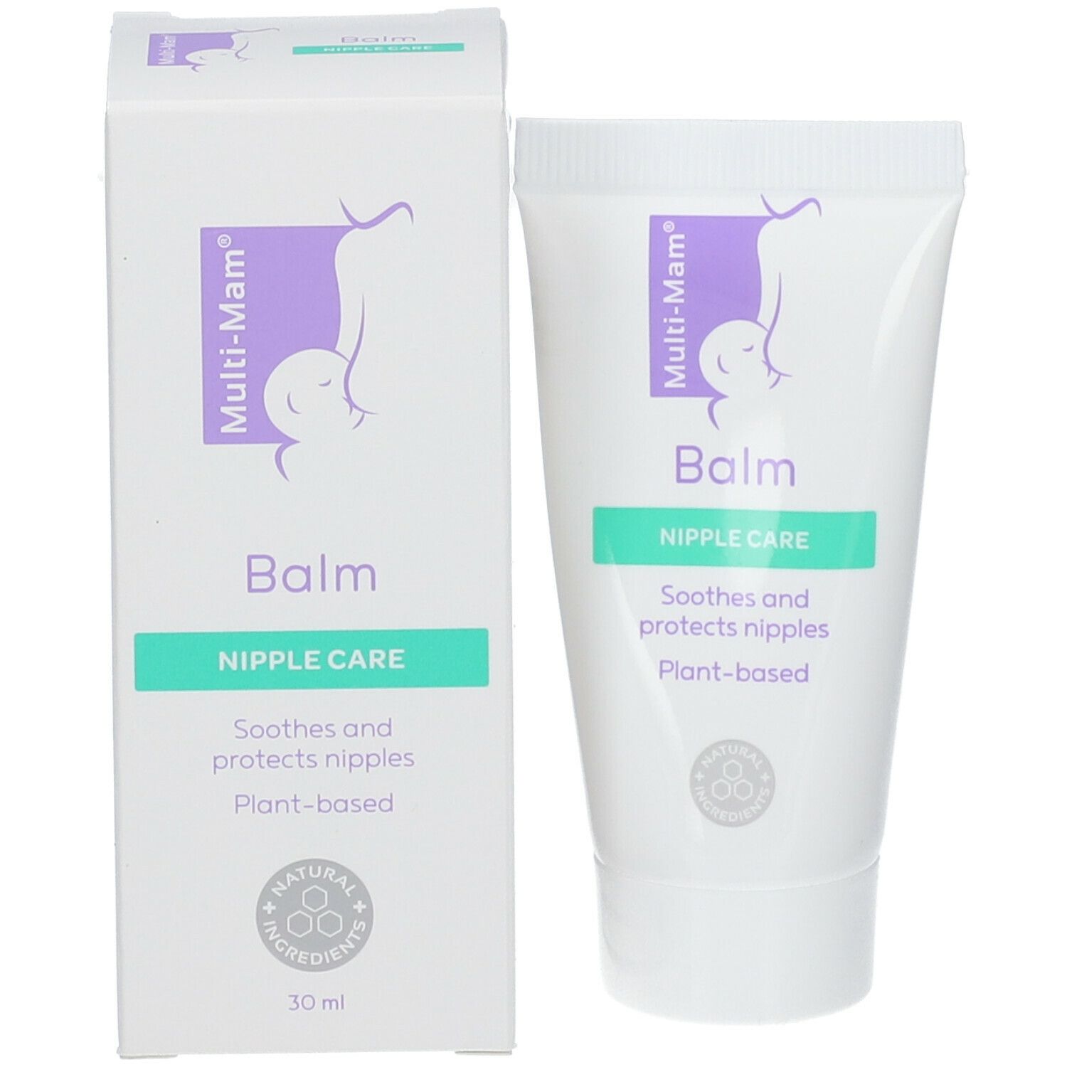 Tube et boîte Multi-Mam® Balm. Soin des mamelons. Contient 30 ml. Ingrédients naturels.