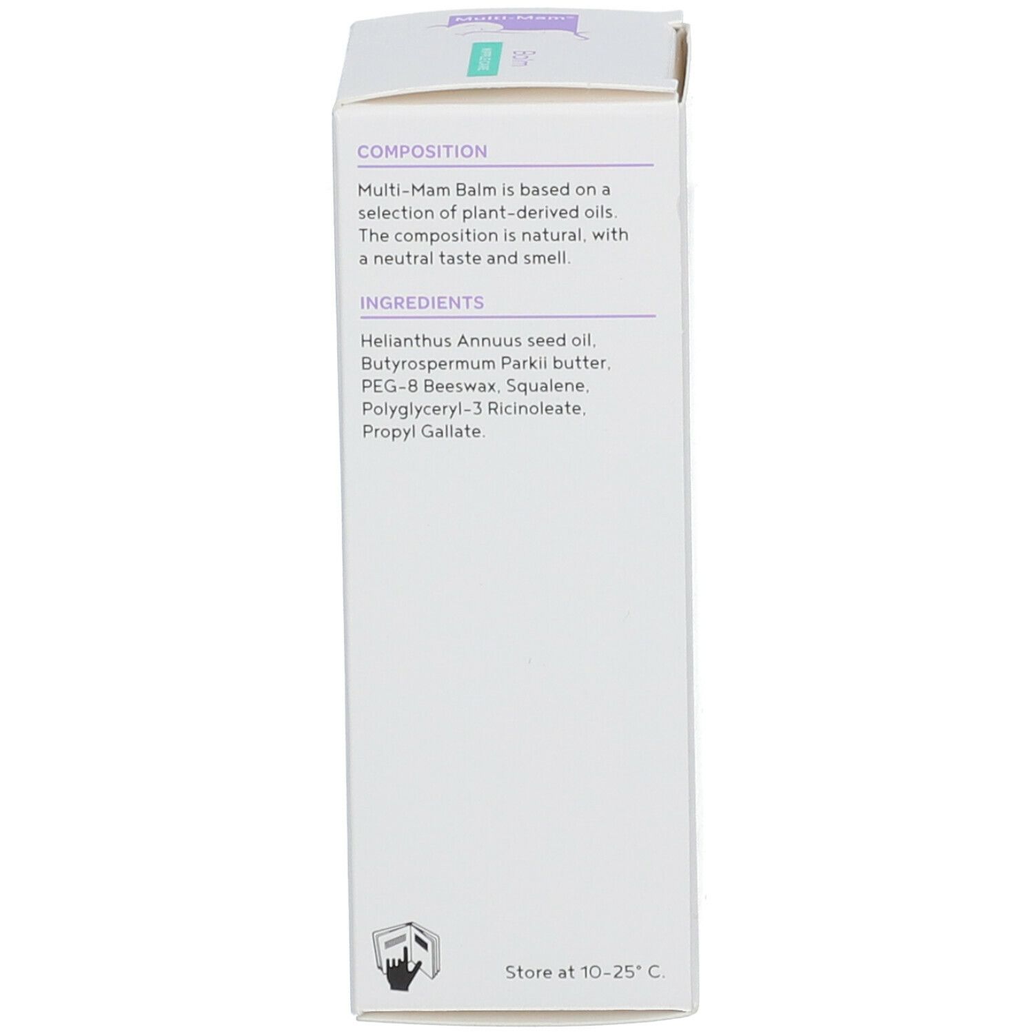 Dos de la boîte Multi-Mam® Balm. Contient les ingrédients et les instructions de stockage.