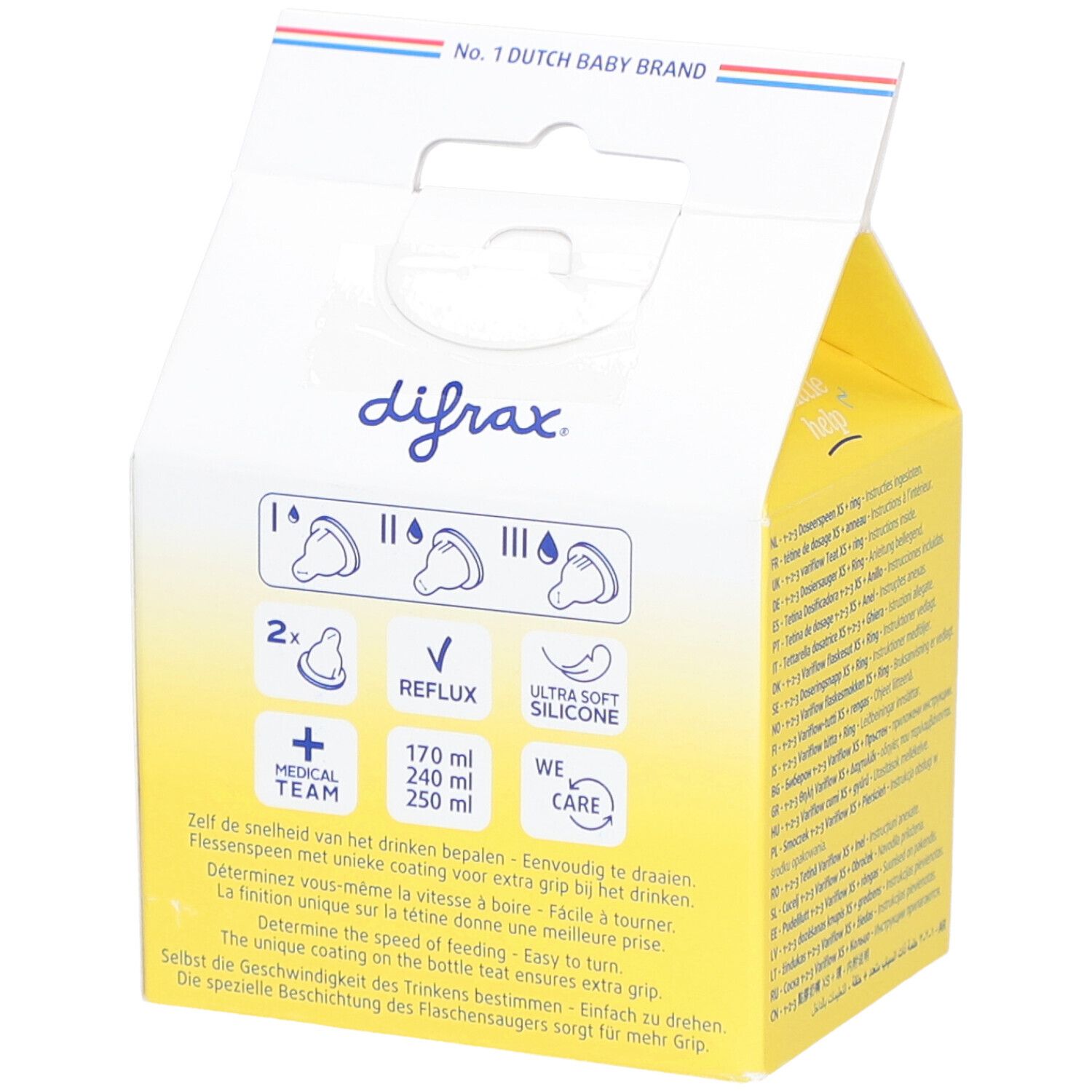 Achterkant verpakking. Merk Difrax. Grafieken reflux, siliconen en dosering. Meertalige tekst.