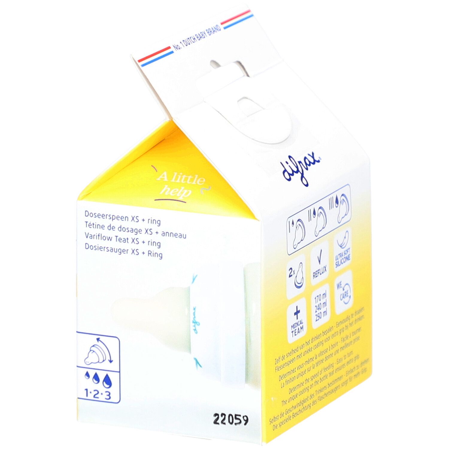 Open verpakking met speen. Merk Difrax. Geel-wit design. Tekst: Doseerspeen XS + ring.