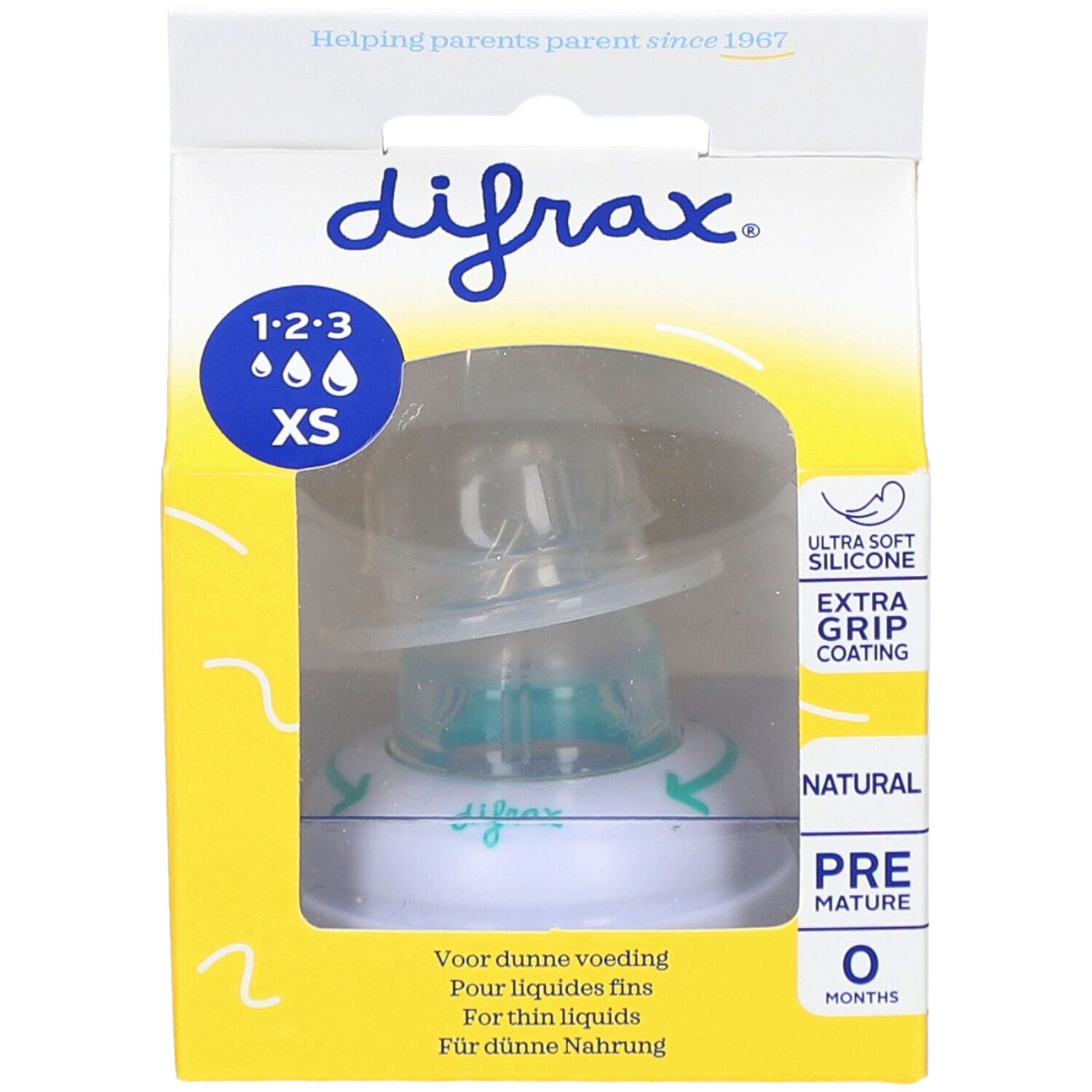 Verpakking met speen. Merk Difrax 1-2-3 XS. Transparant venster. Geel-wit design. Tekst: Voor dunne voeding.