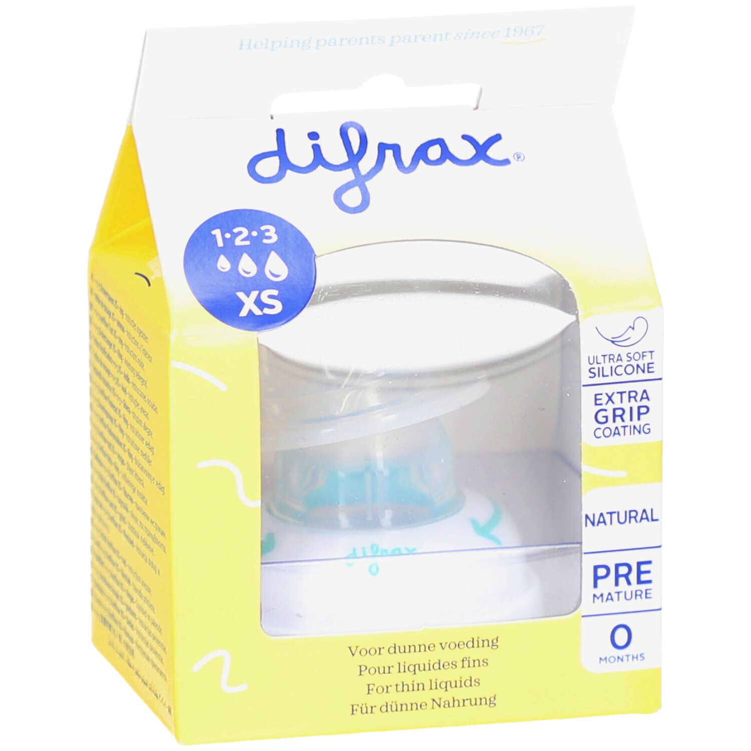 Verpakking met speen. Merk Difrax 1-2-3 XS. Transparant venster. Geel-wit design. Tekst: Voor dunne voeding.