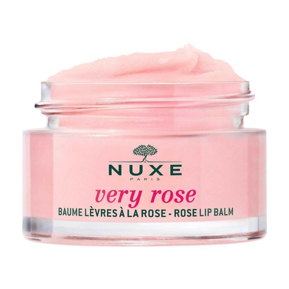 Nuxe lippenbalsem: glazen pot met roze deksel, etiket met Franse tekst.