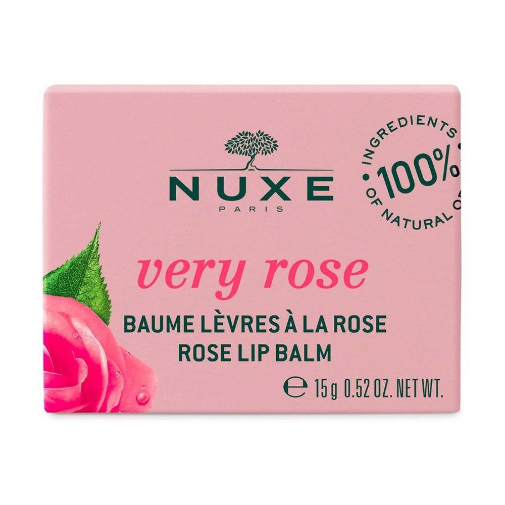 Baume à lèvres Nuxe : pot en verre avec couvercle rose, étiquette avec inscription française.