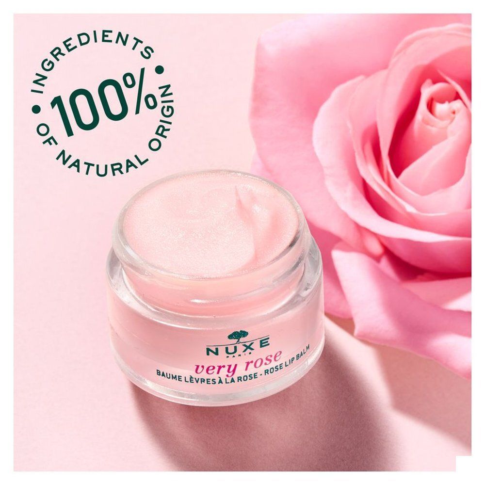 Nuxe lippenbalsem: glazen pot met roze deksel, etiket met Franse tekst.