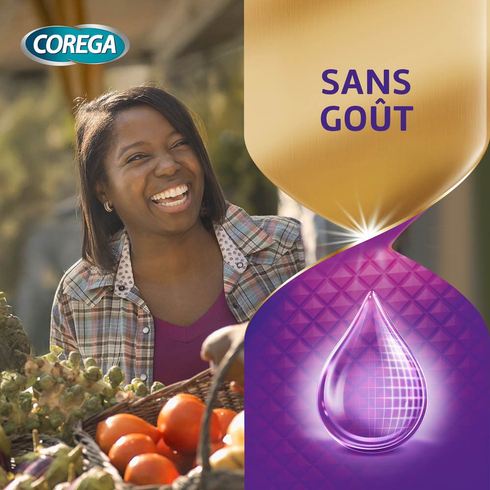 Femme souriante. Publicité Corega. Sans goût. Illustration de goutte.