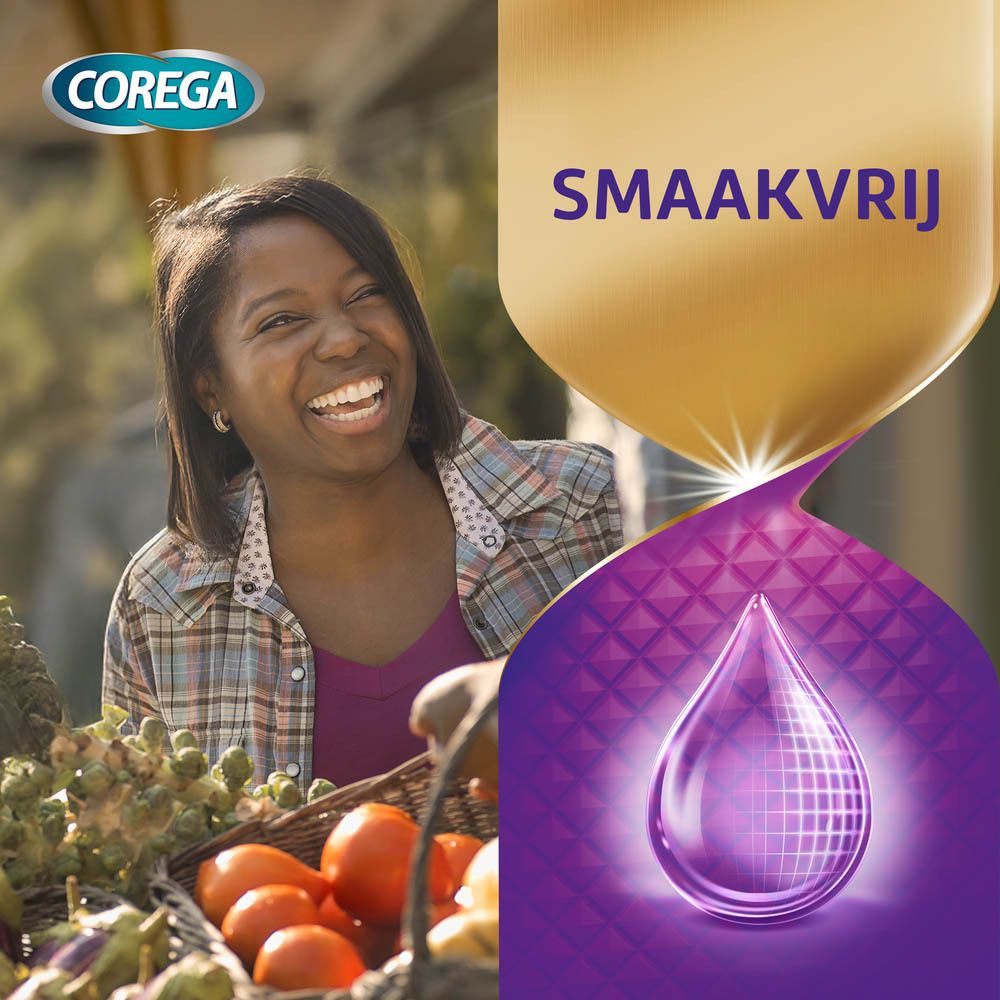Lachende vrouw. Corega reclame. Smaakvrij. Druppel illustratie.
