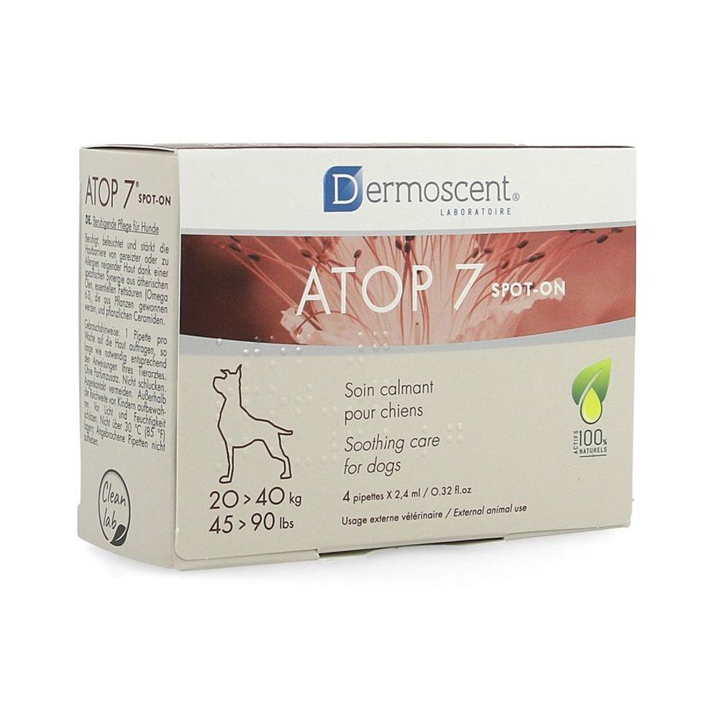 Emballage du produit avec logo et texte. Contient 4 pipettes. Pour chiens 20-40 kg. Vue en coin.