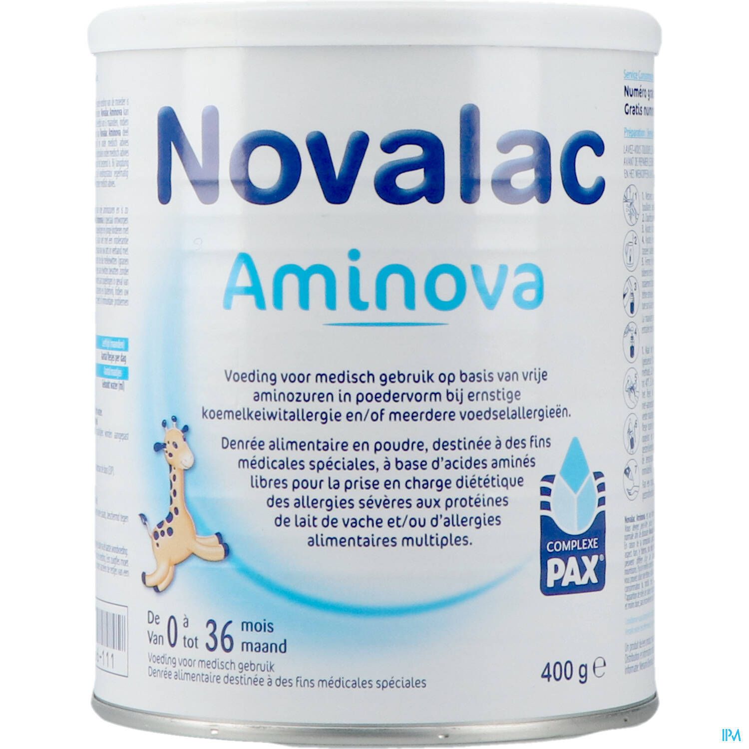 Boîte de poudre Novalac Aminova blanche. Texte : 0-36 mois, 400g. Illustration girafe.