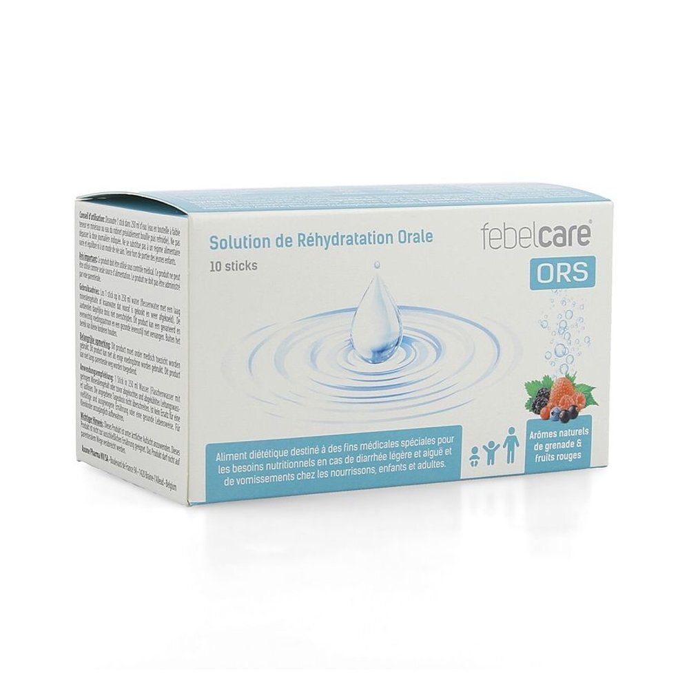 Boîte "Solution de Réhydratation Orale" avec "febelcare ORS". Contient 10 sticks. Illustration d'une goutte d'eau. Arômes grenade et fruits rouges.