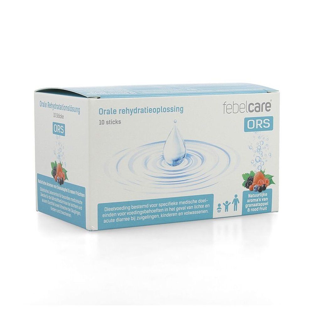 Doosje "Orale rehydratatieoplossing" met "febelcare ORS". Bevat 10 sticks. Illustratie van een waterdruppel. Smaak granaatappel & rood fruit.