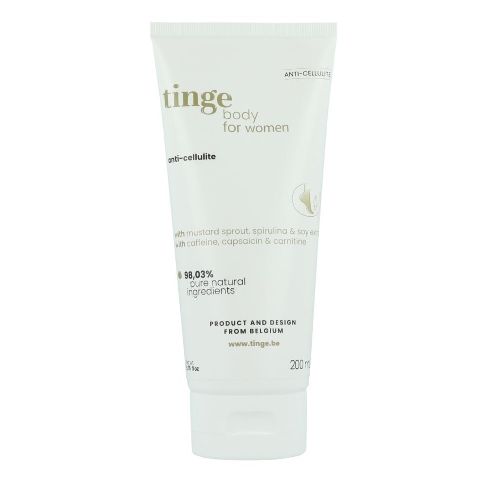 Tube de crème anti-cellulite Tinge, 200ml. Contient moutarde, spiruline, soja, caféine, capsaïcine, carnitine.