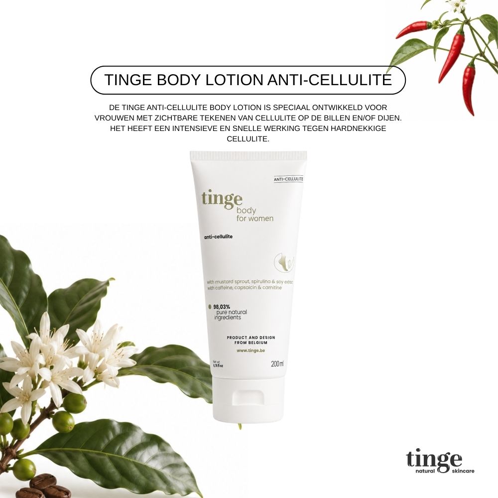Tinge Body Lotion Anti-Cellulite met koffiebloesems, koffiebonen en pepers. Product en design uit België.