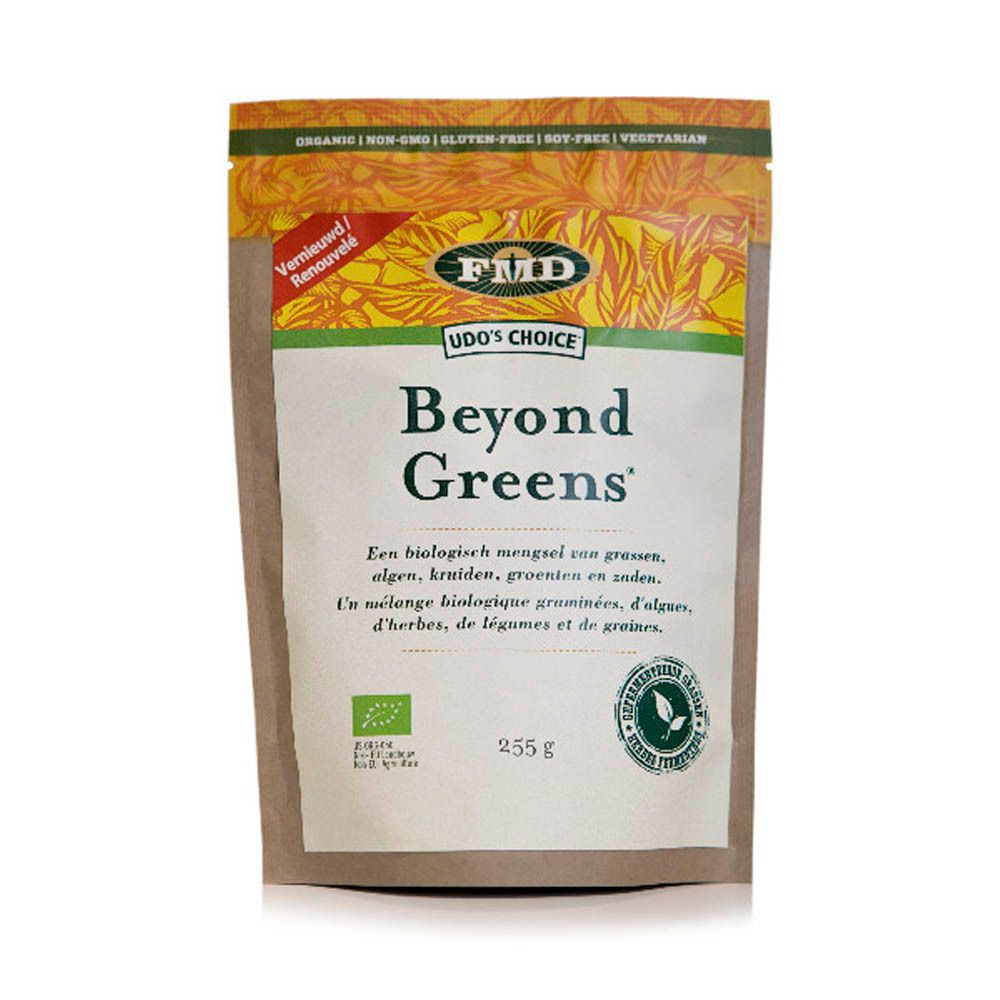 Zakje Udo's Choice Beyond Greens. Opschriften: "Organic", "Non-GMO", "Glutenvrij", "Sojavrij", "Vegetarisch". 255 g.