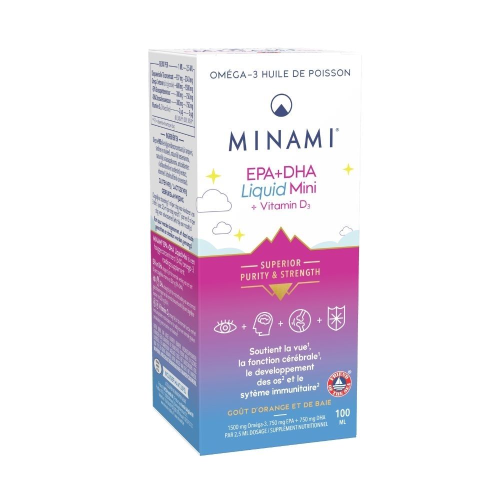 Emballage et flacon "MINAMI EPA+DHA Liquid Mini" avec inscription en français.