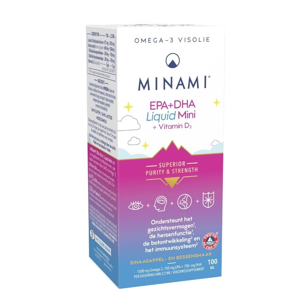 Verpakking en fles "MINAMI EPA+DHA Liquid Mini" met Nederlandse tekst.