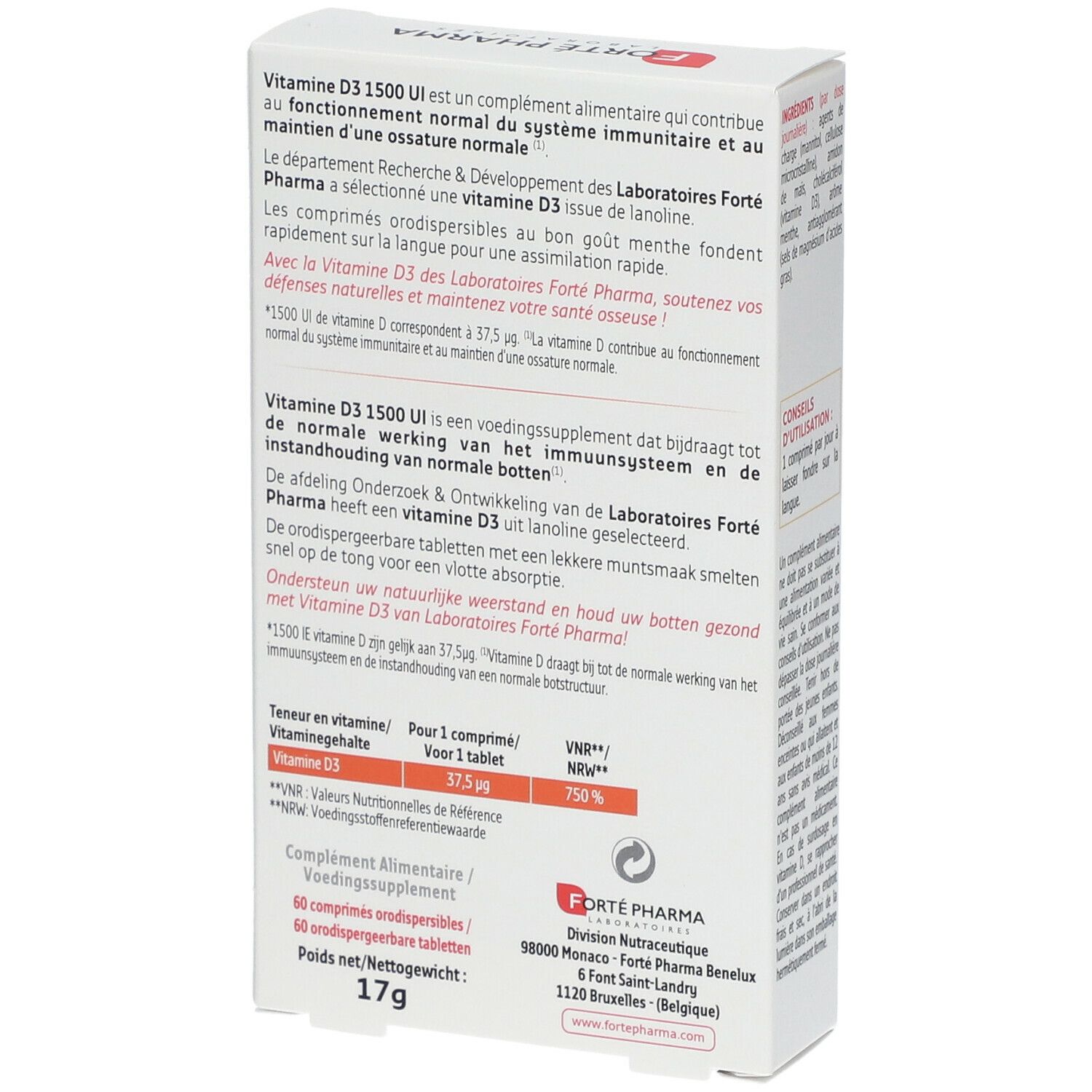 Dos de la boîte de FORTÉ PHARMA Vitamine D3. Contient des informations sur les ingrédients et l'utilisation.