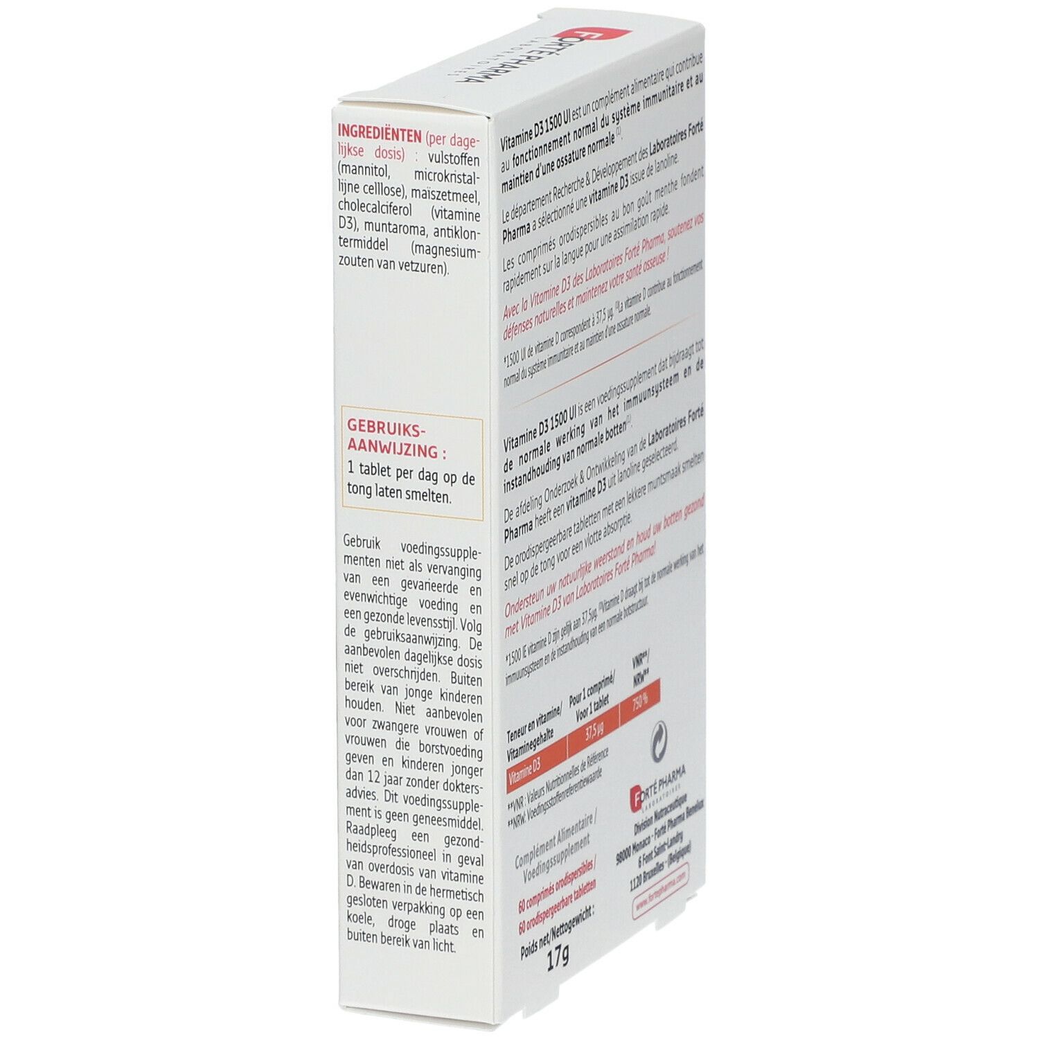 Vue latérale de la boîte de FORTÉ PHARMA Vitamine D3. Contient des informations sur les ingrédients et l'utilisation.