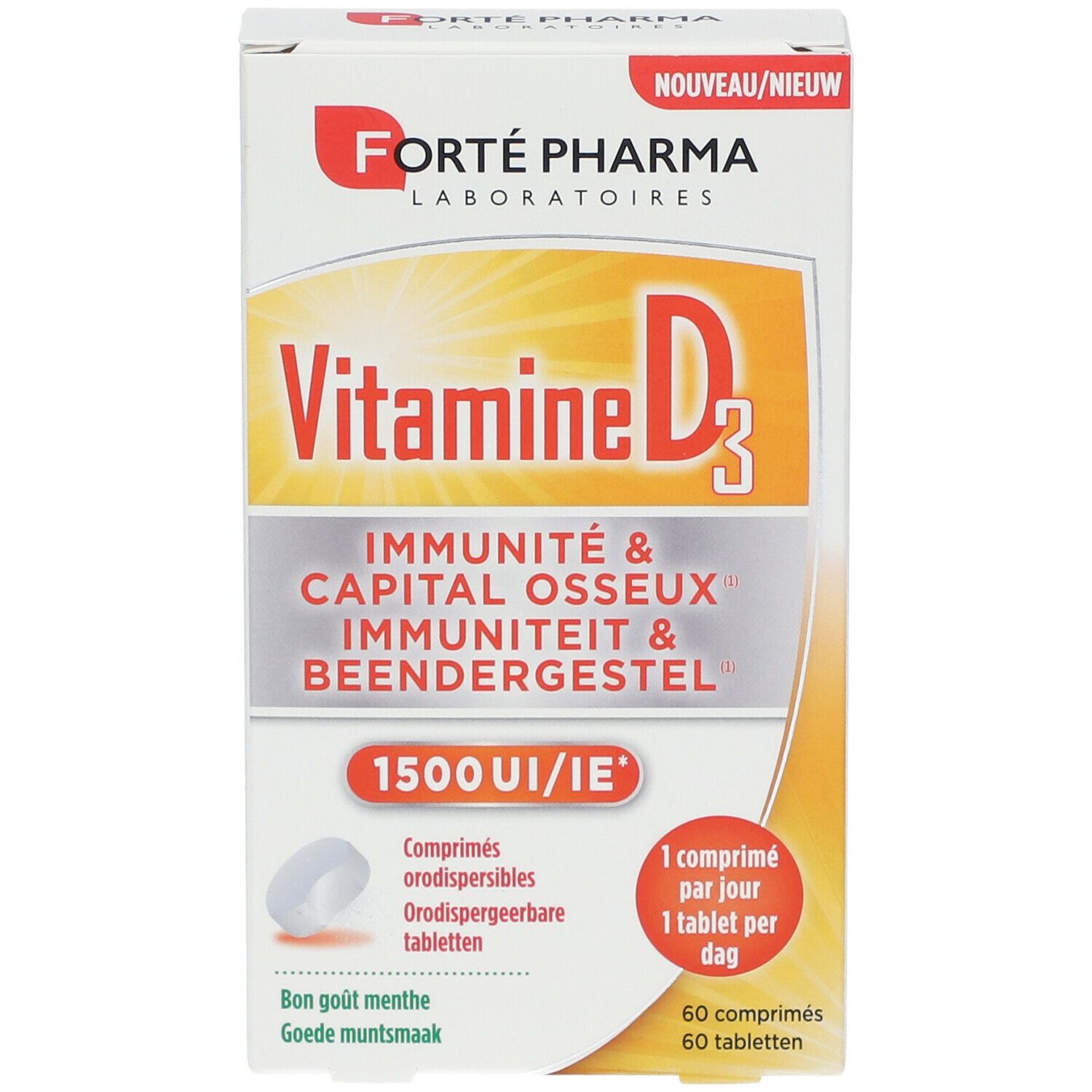 Boîte de FORTÉ PHARMA Vitamine D3. Contient 60 comprimés. Inscription: 1500 UI/IE. Goût menthe. Nouveau.