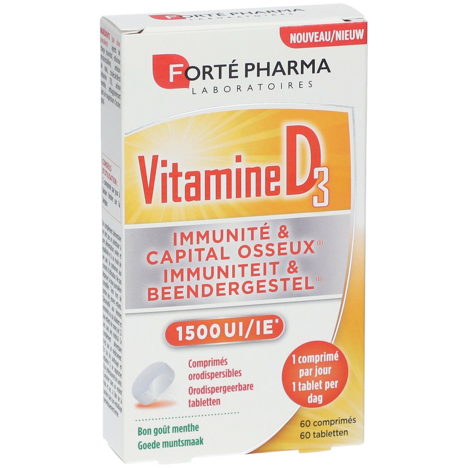 Boîte de FORTÉ PHARMA Vitamine D3. Contient 60 comprimés. Inscription: 1500 UI/IE. Goût menthe.